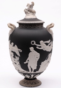a wedgwood pegasus vase with medusa handles depicting the apothiosis of virgil